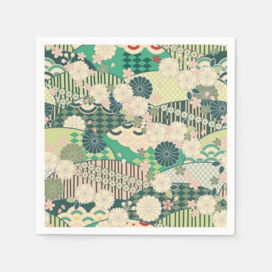 Groen Wit Japans Kimono Bloemen Decoupage Papier Servet (Voorkant)