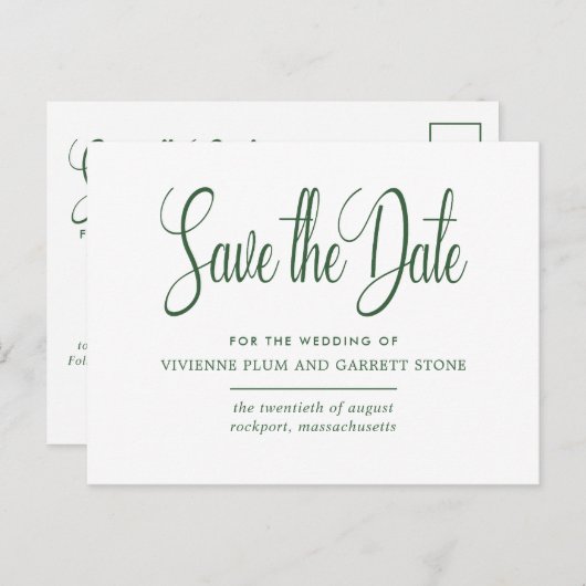 Groen & Wit Kalligrafie Bruiloft Save the Date Uitnodiging Briefkaart (Voorkant / Achterkant)
