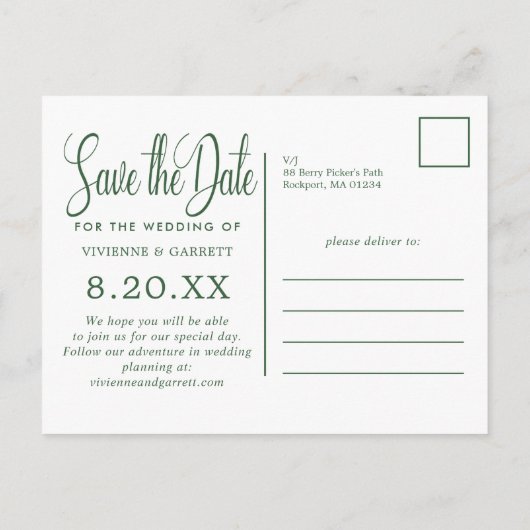 Groen & Wit Kalligrafie Bruiloft Save the Date Uitnodiging Briefkaart (Achterkant)