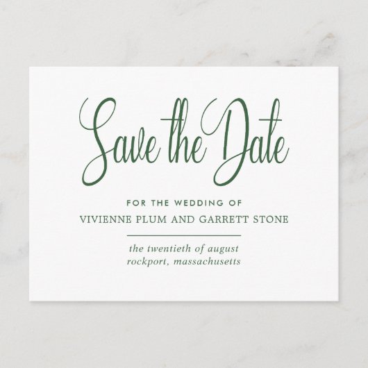 Groen & Wit Kalligrafie Bruiloft Save the Date Uitnodiging Briefkaart (Voorkant)