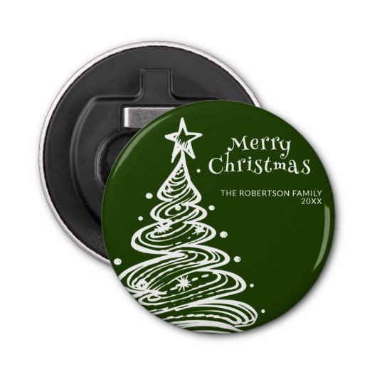 Groen Wit Kerstboom Feest Button Flesopener (Voorkant)