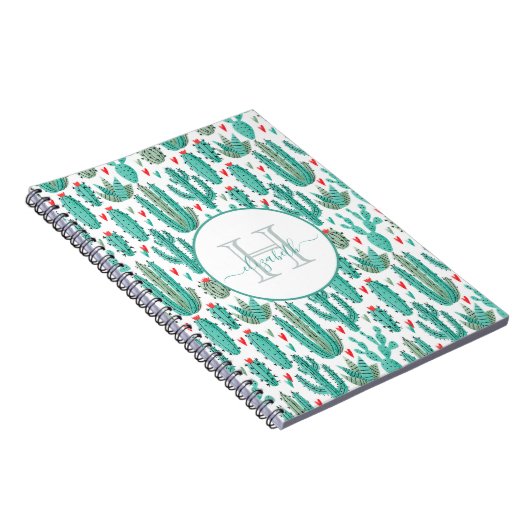 Groen wit knap patroon met witte cactus notitieboek (Rechterzijde)