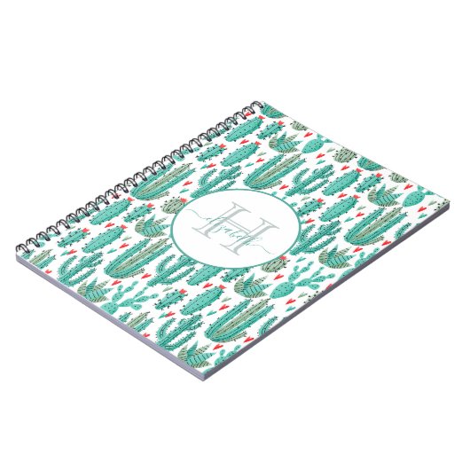 Groen wit knap patroon met witte cactus notitieboek (Linkerzijde)