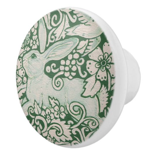 Groen Wit Konijn Bloemen Folk Lade Trekknop Keramische Knop (Rechts)