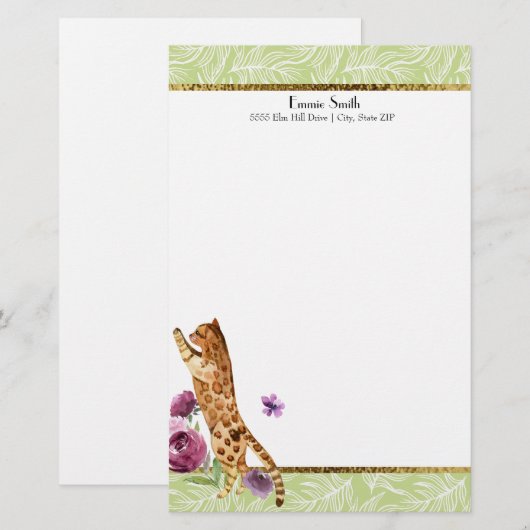 Groen wit leder Oranje kattepaardebloemen Briefpapier (Voorkant / Achterkant)