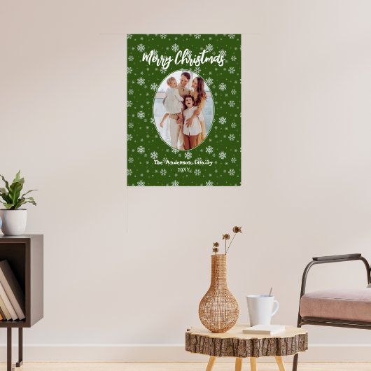 Groen Wit Moderne Familie Foto Vrolijk Kerstfeest Poster (Woonkamer 3)