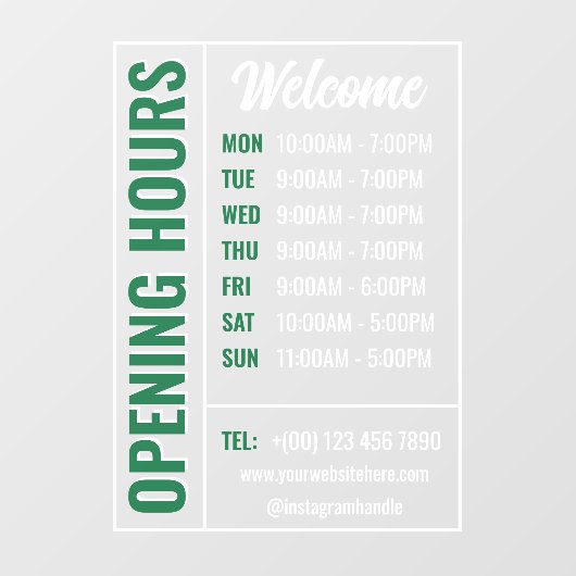 Groen Wit Moderne openingstijden Contact Welkom Raamsticker (Vel)