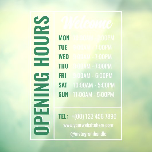 Groen Wit Moderne openingstijden Contact Welkom Raamsticker (Vel 3)