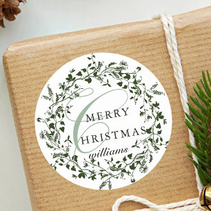 Groen & Wit Moderne Wildflower Krans Kerstmis Ronde Sticker