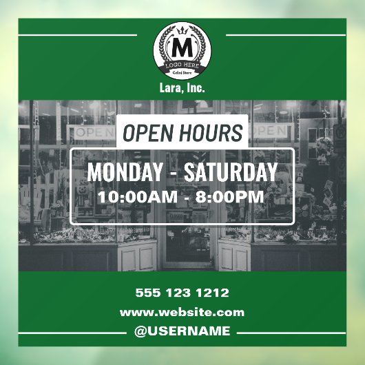 Groen Wit Monochroom Eenvoudig Openingstijden Wink Raamsticker (Vel 3)