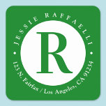 Groen & Wit | Monogram retouradres Vierkante Sticker<br><div class="desc">Koel een monogram met jouw naam en retouradres.</div>
