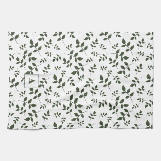 Groen wit patroon bladeren monogram theedoek (Horizontaal)
