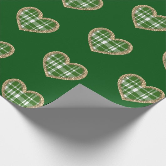 Groen Wit Plaid Goud Glitter Hart Vakantie Cadeaupapier (Hoek)