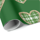 Groen Wit Plaid Goud Glitter Hart Vakantie Cadeaupapier (Rol Hoek)