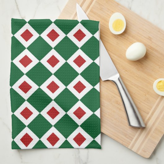 Groen, wit, rood diamantpatroon theedoek (Quarter Fold)