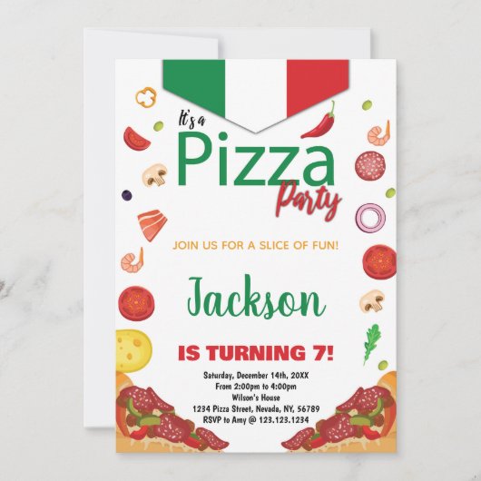 Groen Wit Rood Pizza Verjaardag Uitnodigingen (Voorkant)