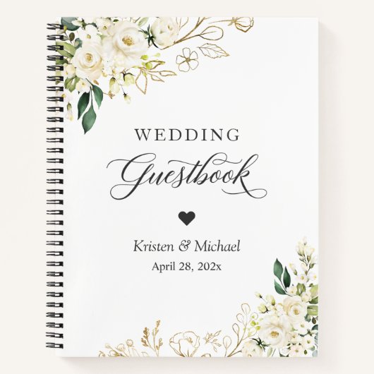 Groen Wit Rose Goud Bloemen Bruiloft Gastenboek Notitieboek (Voorkant)