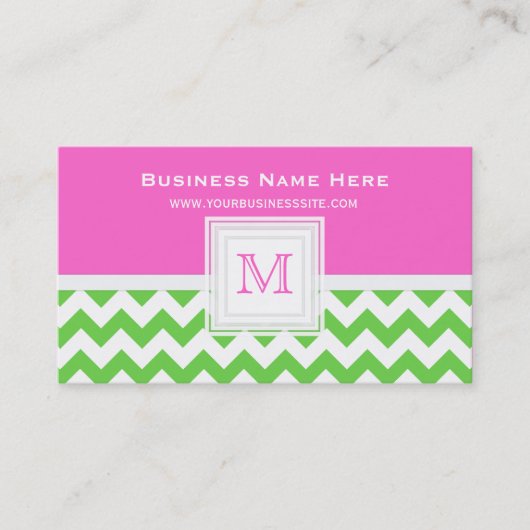 Groen wit roze Chevron: Monogram Visitekaartje (Voorkant)