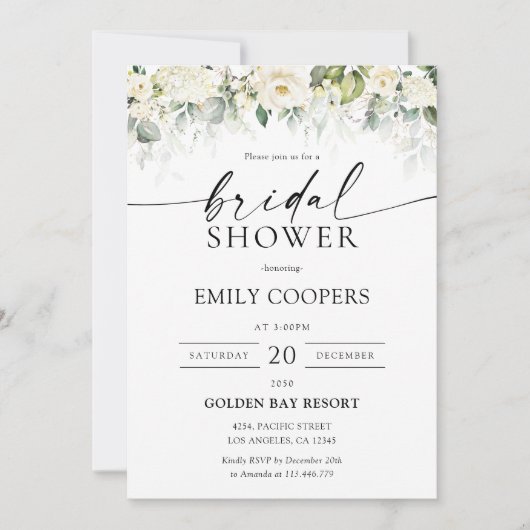 Groen Wit Rozen Bruids Douche Uitnodiging (Voorkant)