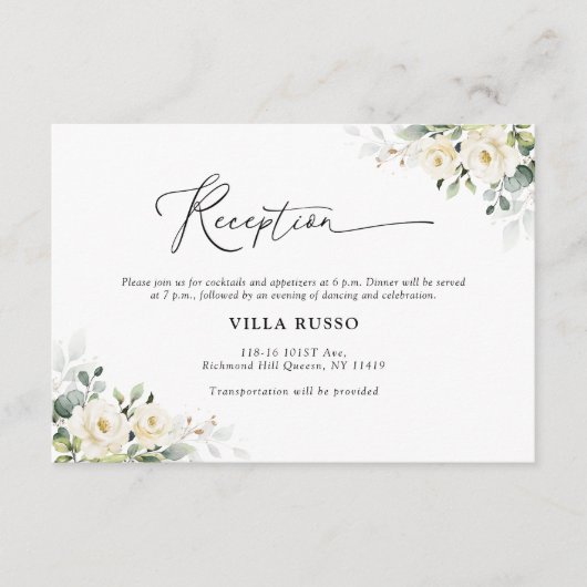 groen wit rozen bruiloft receptie informatiekaartje (Voorkant)