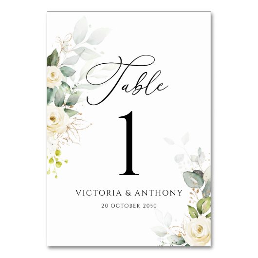 groen wit rozen bruiloft tafel nummers kaart (Voorkant)