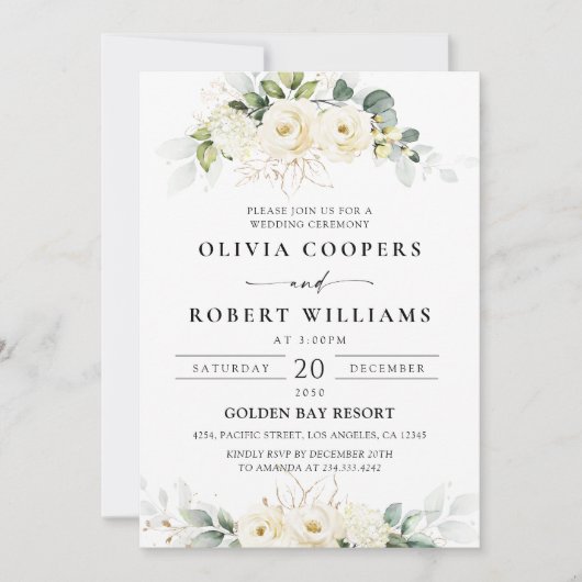 groen wit rozen bruiloft uitnodiging (Voorkant)