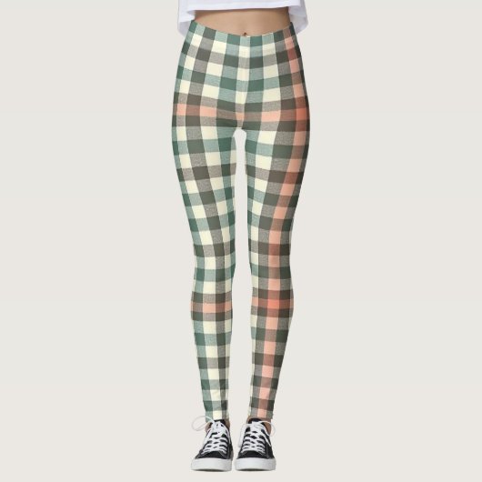 Groen, wit & Sinaasappel Plaid Leggings (Voorkant)