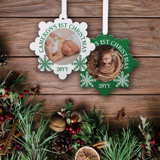 Groen Wit Sneeuwvlokken Baby's 1e Kerstmis Ornament Kaart