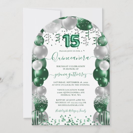 Groen Wit Sparkle Quinceañera Ballon Kaart (Voorkant)