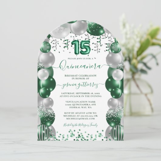 Groen Wit Sparkle Quinceañera Ballon Kaart (Staand voorkant)