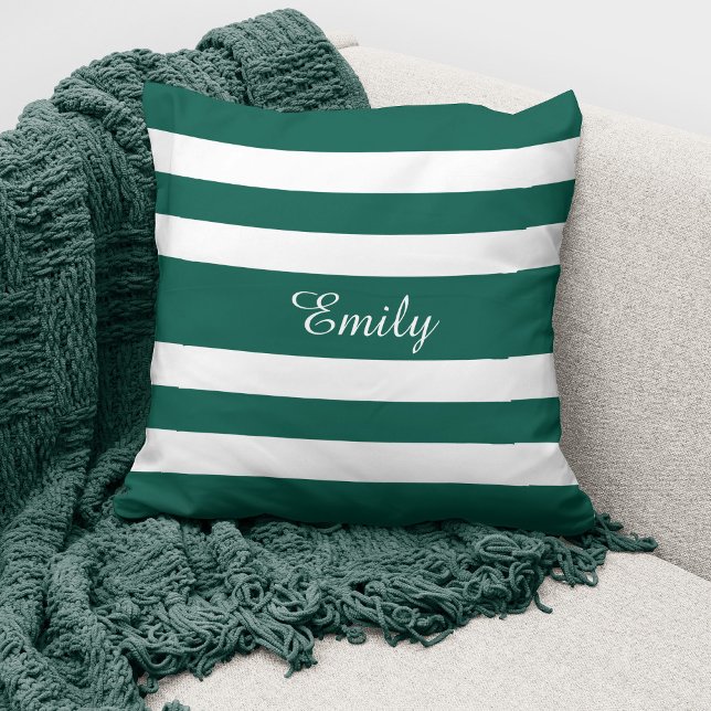 Groen & Wit Strepen Patroon Naam Monogram  Kussen (Creator heeft geüpload)
