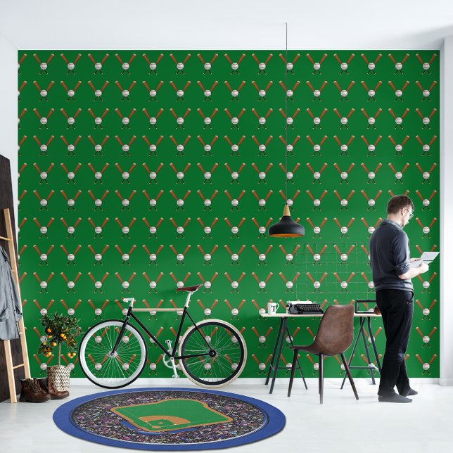 Groen Wit & Tan Baseball Bats Crossing met Ball Behang (Creator heeft geüpload)