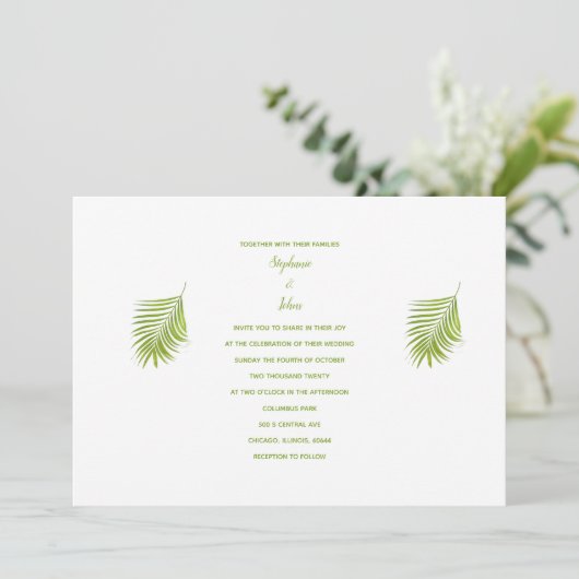 Groen Wit Tropisch Palmblad Elegante Bruiloft Kaart (Staand voorkant)