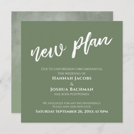 Groen & Wit Uitgestelde Bruiloft Nieuwe Plan Kaart (Voorkant / Achterkant)
