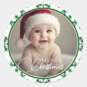 Groen-wit vrolijke kerstfoto ronde sticker (Voorkant)
