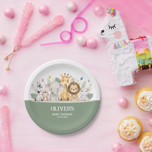 Groen & Wit Waterverf Baby shower Papieren Bordje (Feest)