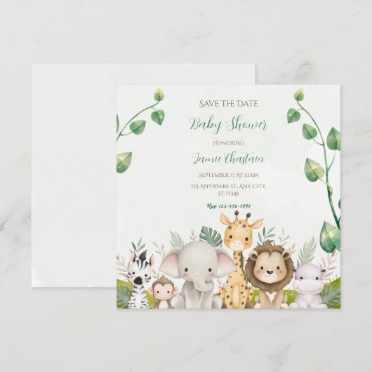 Groen Wit Waterverf Baby shower Save the Date (Voorkant / Achterkant)