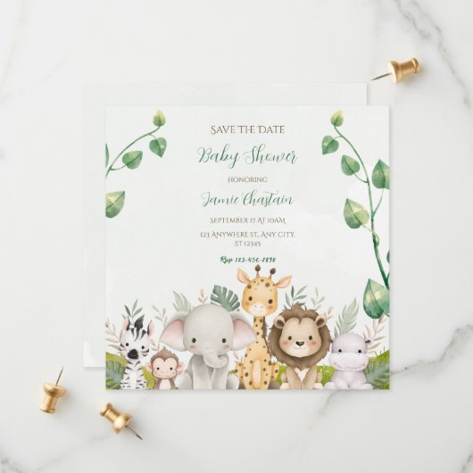 Groen Wit Waterverf Baby shower Save the Date (Voorkant / Achterkant in situ)