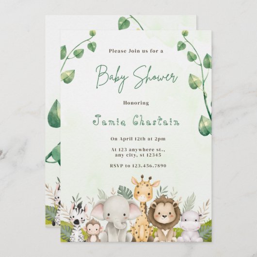 Groen & Wit Waterverf Baby shower Uitnodiging (Voorkant / Achterkant)