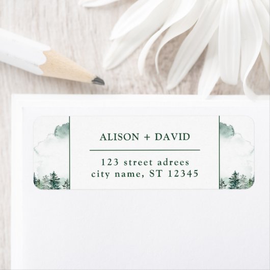 Groen Wit Waterverf Pijnbomen Bos Bruiloft Etiket (Insitu)