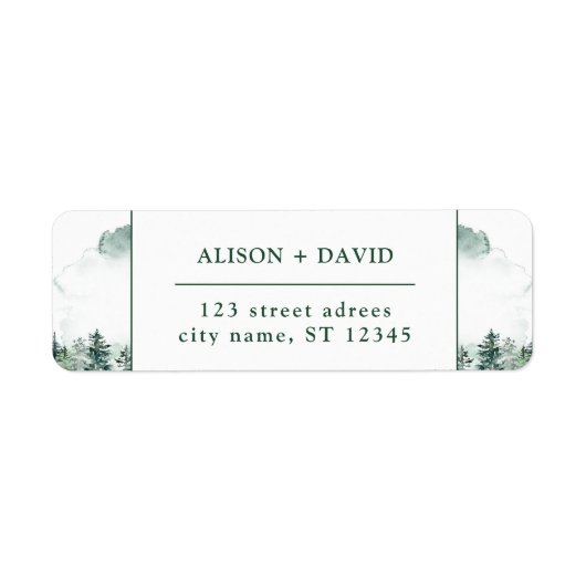 Groen Wit Waterverf Pijnbomen Bos Bruiloft Etiket (Voorkant)