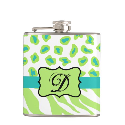 Groen wit Zebra Leopard Huidmonogram Initiaal Heupfles (Voorkant)