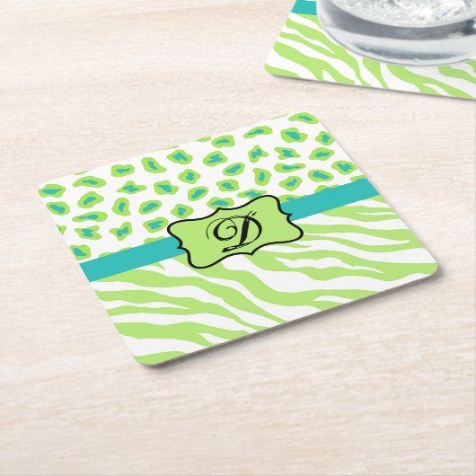 Groen wit Zebra Leopard Huidmonogram Initiaal Kartonnen Onderzetters (Schuin)