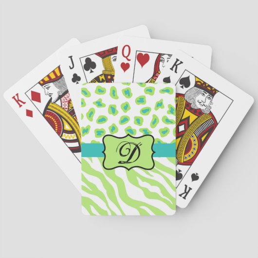 Groen wit Zebra Leopard Huidmonogram Initiaal Pokerkaarten (Achterkant)