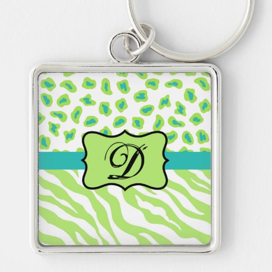 Groen wit Zebra Leopard Huidmonogram Initiaal Sleutelhanger (Voorkant)