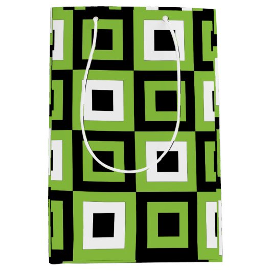 Groen Wit Zwart Vierkantjes Geometrisch Medium Cadeauzakje (Voorkant)