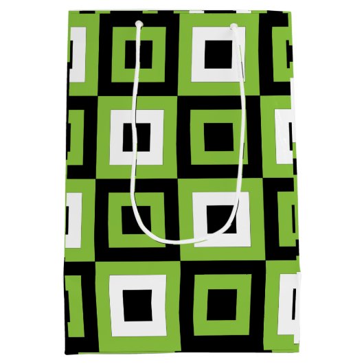 Groen Wit Zwart Vierkantjes Geometrisch Medium Cadeauzakje (Achterkant)