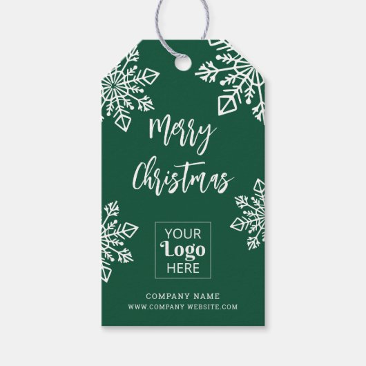 Groen Witte Bedrijfslogo Prettig Kerstfeest Sneeuw Cadeaulabel (Voorkant)