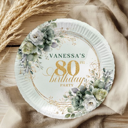 Groen Witte Blad 80ste Verjaardag Boho Stijl Bord