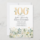 Groen & Witte Bloem 100ste Verjaardagsfeestje Kaart (Voorkant)